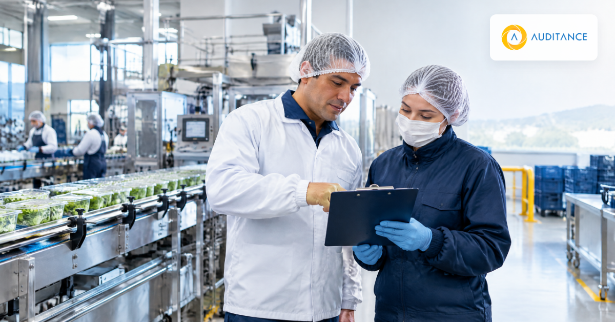 Profesionales de planta revisando un control de inocuidad